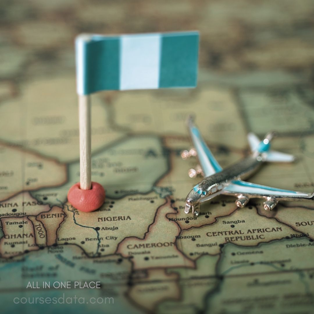 Nigeria flag on map. Model airplane nearby. Colorful map background. Focus on travel theme. Small red flag base.
