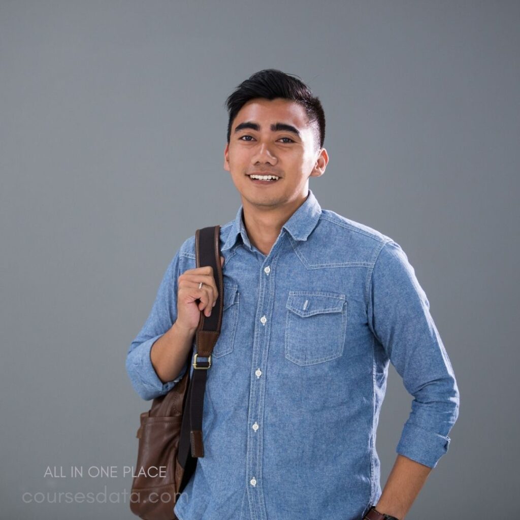 Smiling man in denim shirt. Brown bag slung over shoulder. Gray background adds contrast.