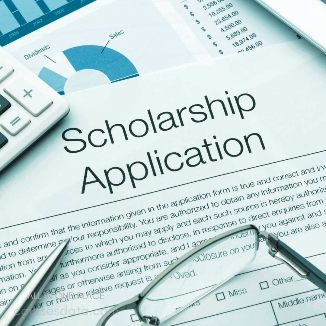 Scholarship application form, calculator, glasses.