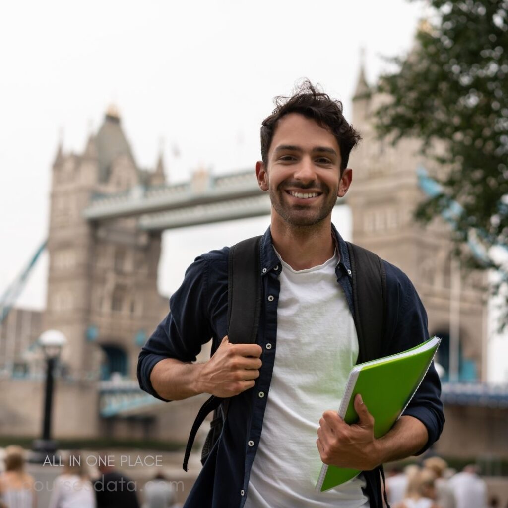 Smiling student with backpack, green folder, Tower Bridge background.