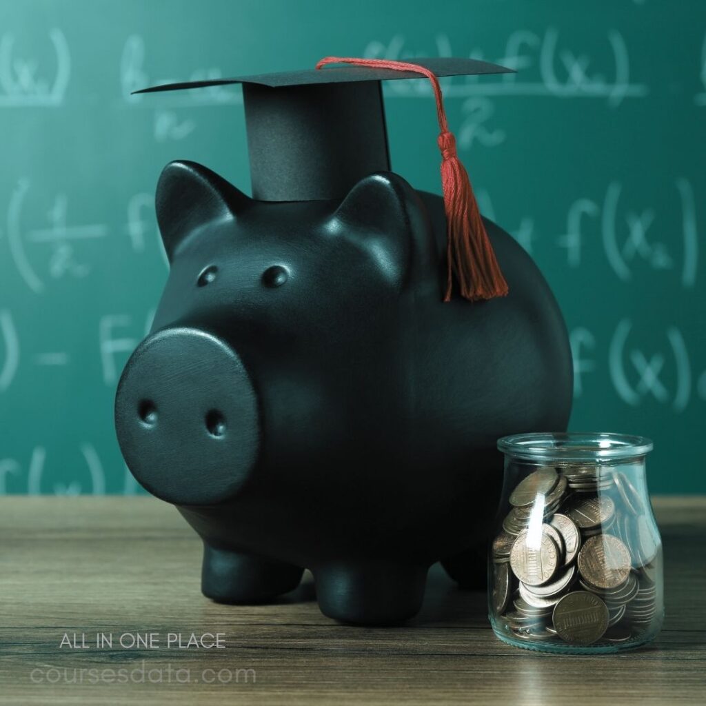 Black piggy bank with graduation cap. Glass jar filled with coins. Chalkboard background with equations.