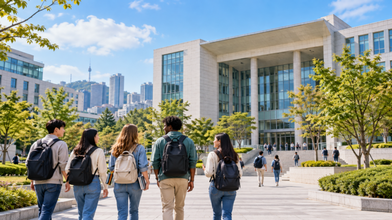 International students walking across a modern Seoul university campus