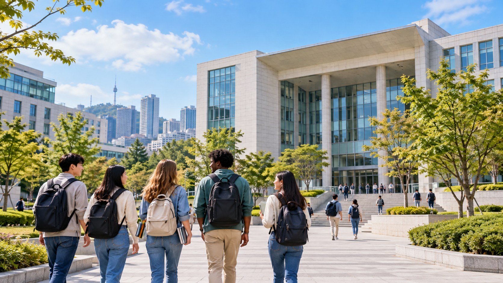 International students walking across a modern Seoul university campus