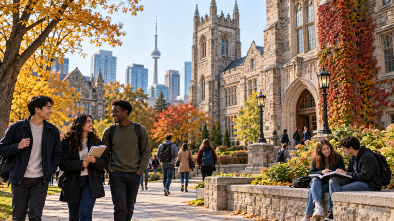 University students walking and studying on a historic Toronto college campus