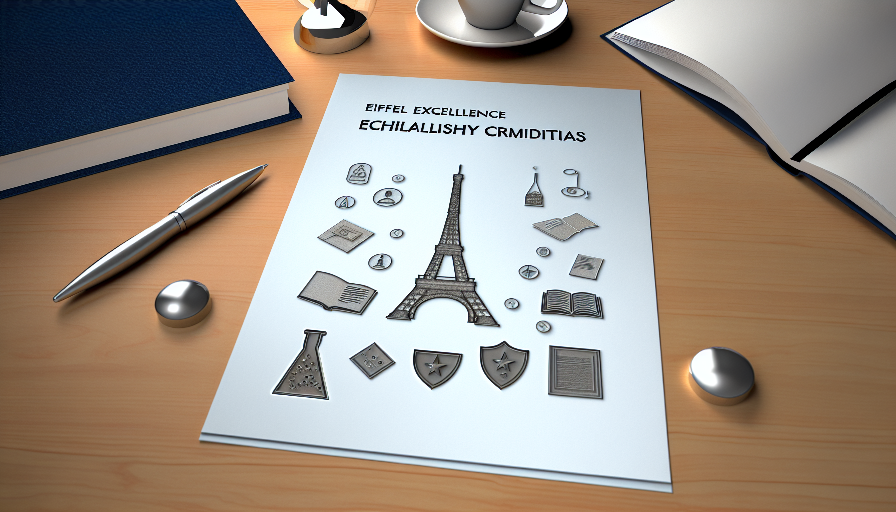 Desk with Eiffel Tower illustration.