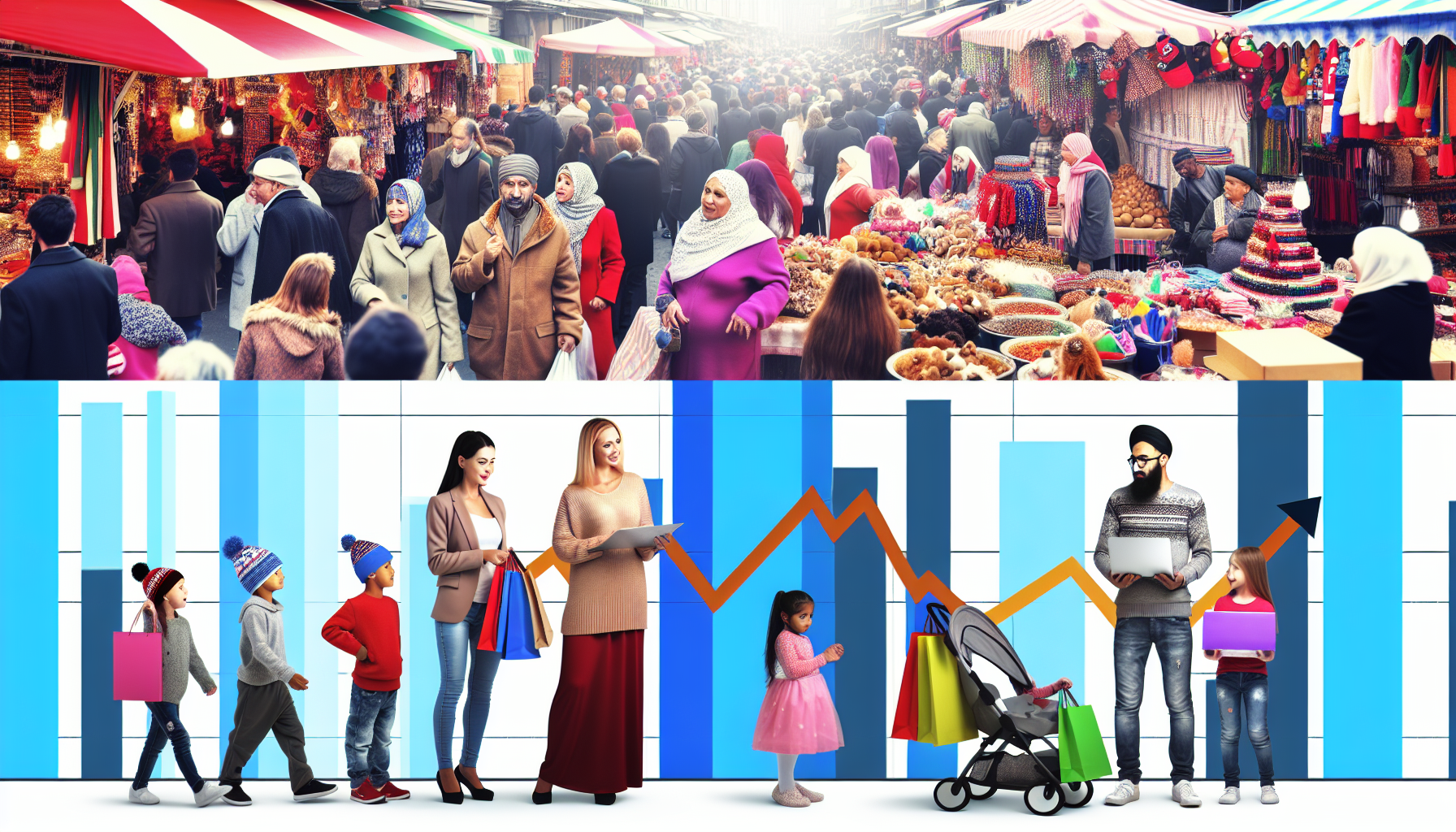 Busy market scene and shoppers.
