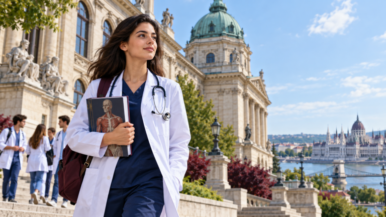 International medical student near a Budapest university campus