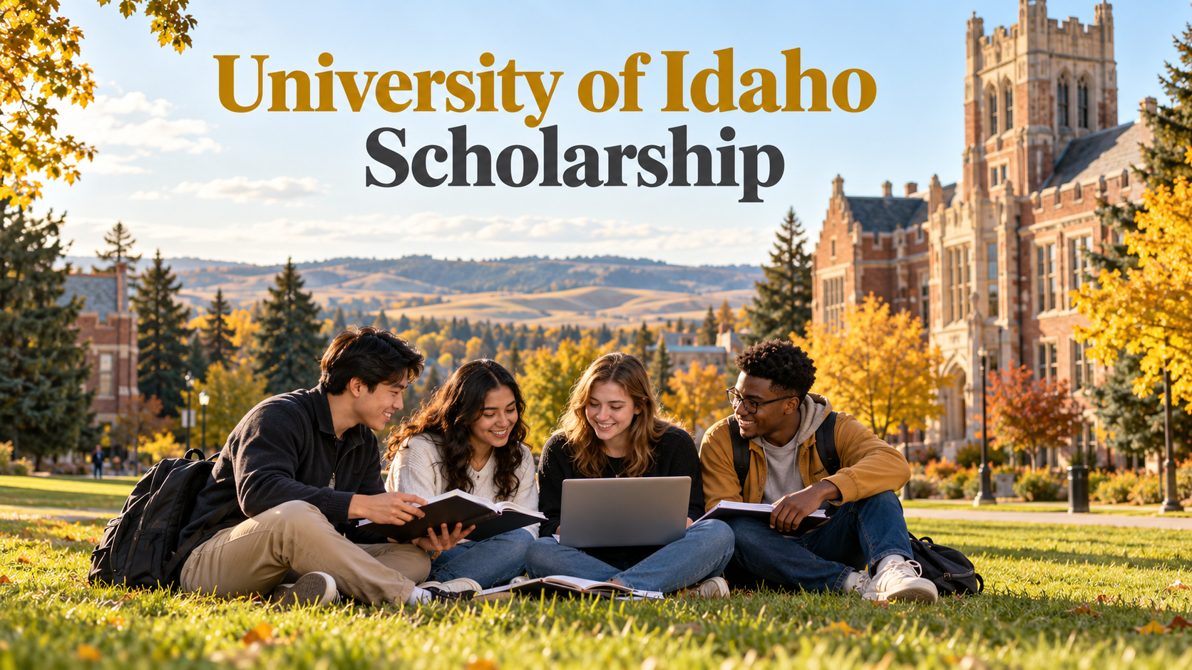University of Idaho scholarship guide with international students studying on an autumn campus
