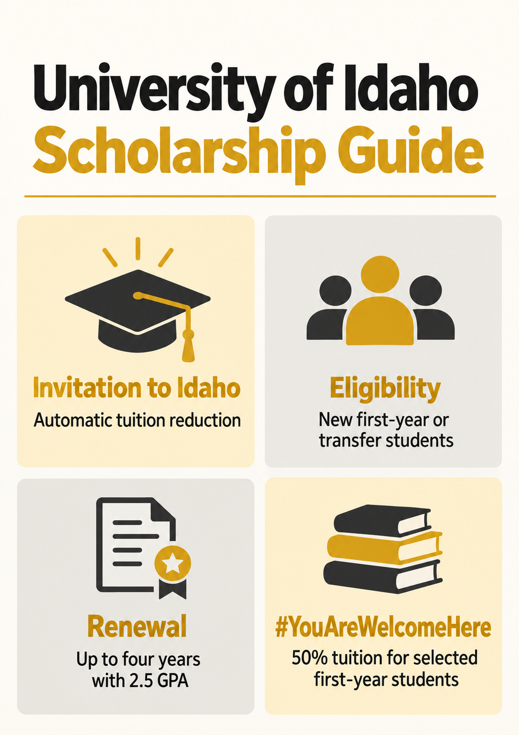 Infographic explaining University of Idaho international scholarships, eligibility and renewal