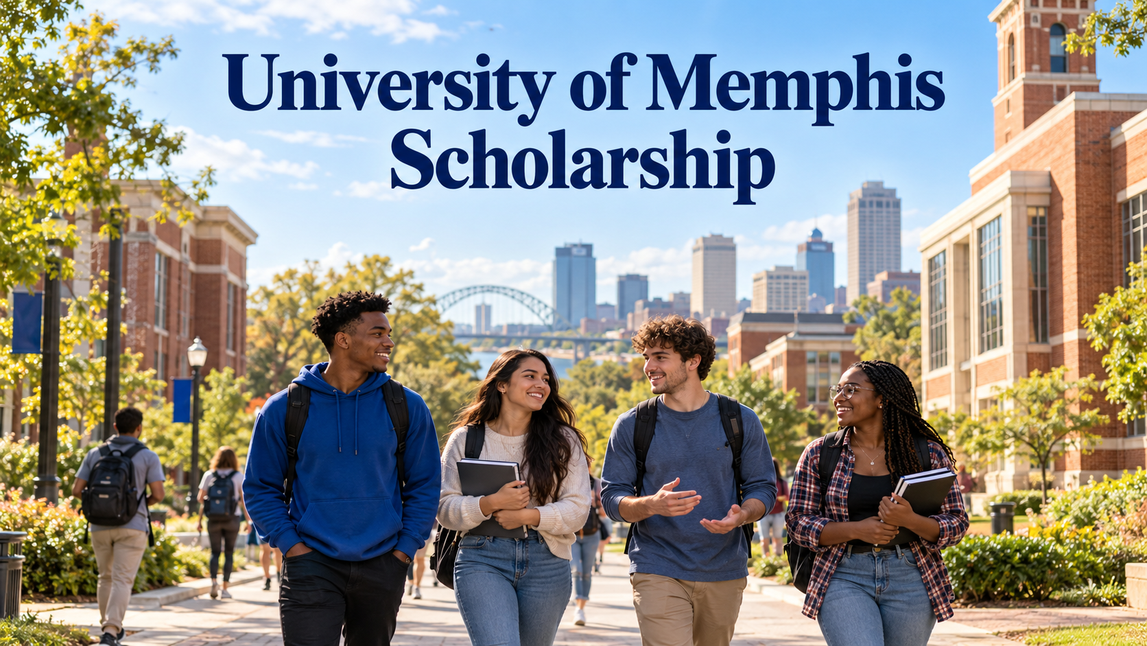 University of Memphis scholarship guide with students on an urban campus