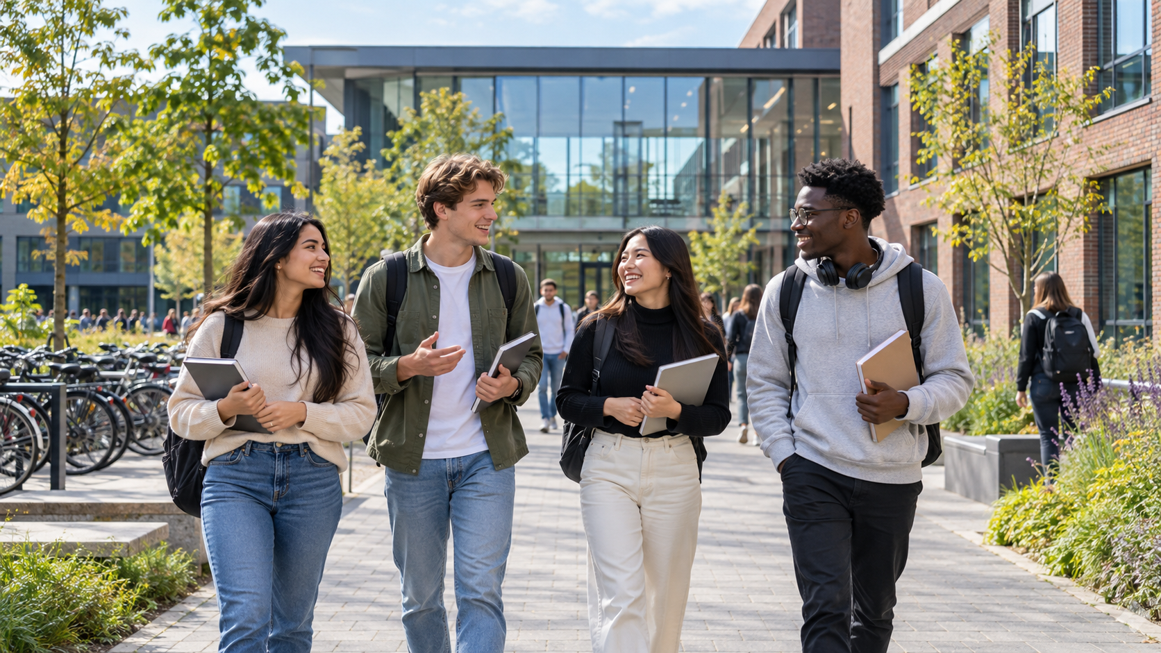 International students walking across a Dutch university campus