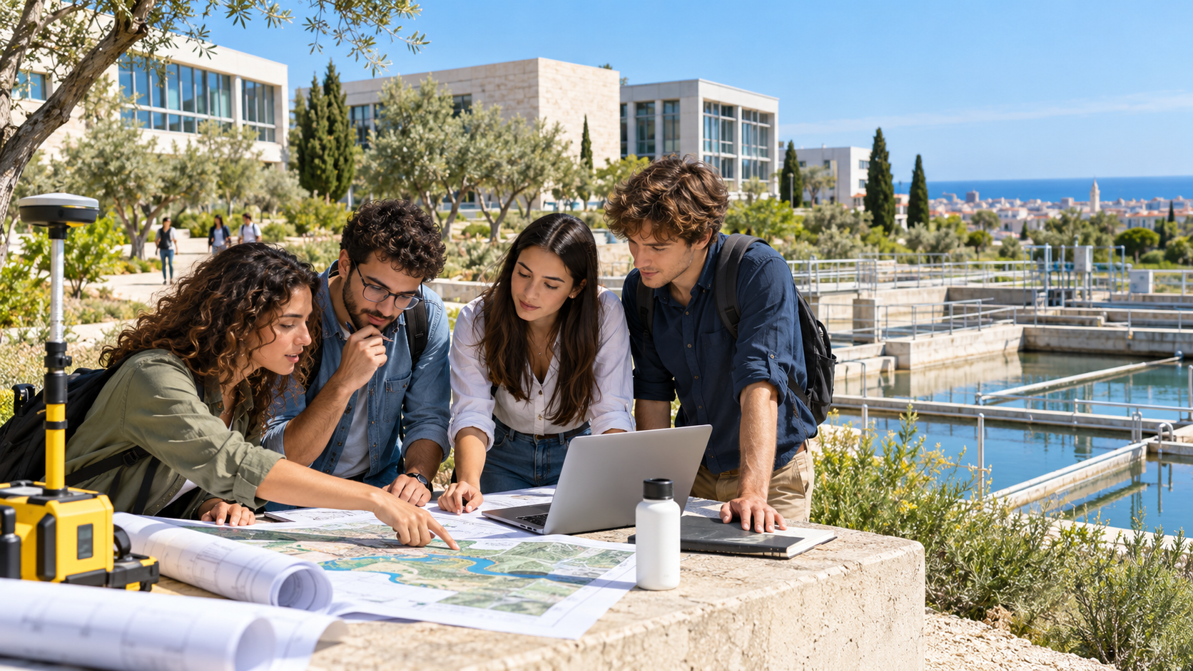 Students working on sustainable water and land management near a Mediterranean university campus