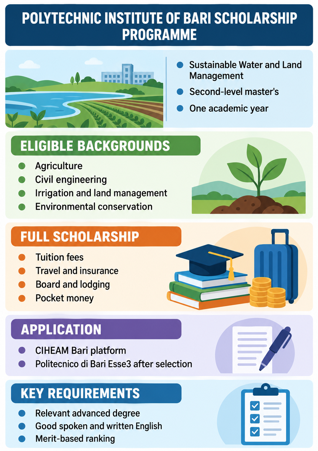 Polytechnic Institute of Bari Scholarship infographic showing programme, eligible backgrounds, benefits, application route, and requirements