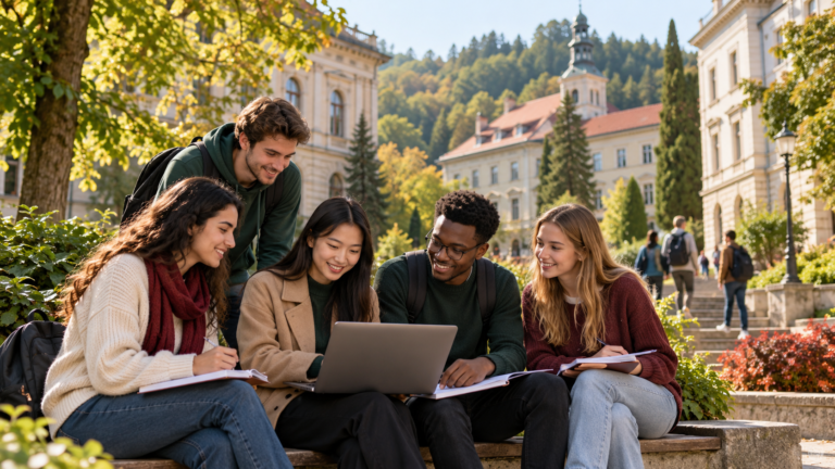International students studying together on a green Central European campus for the Sopron University Scholarship