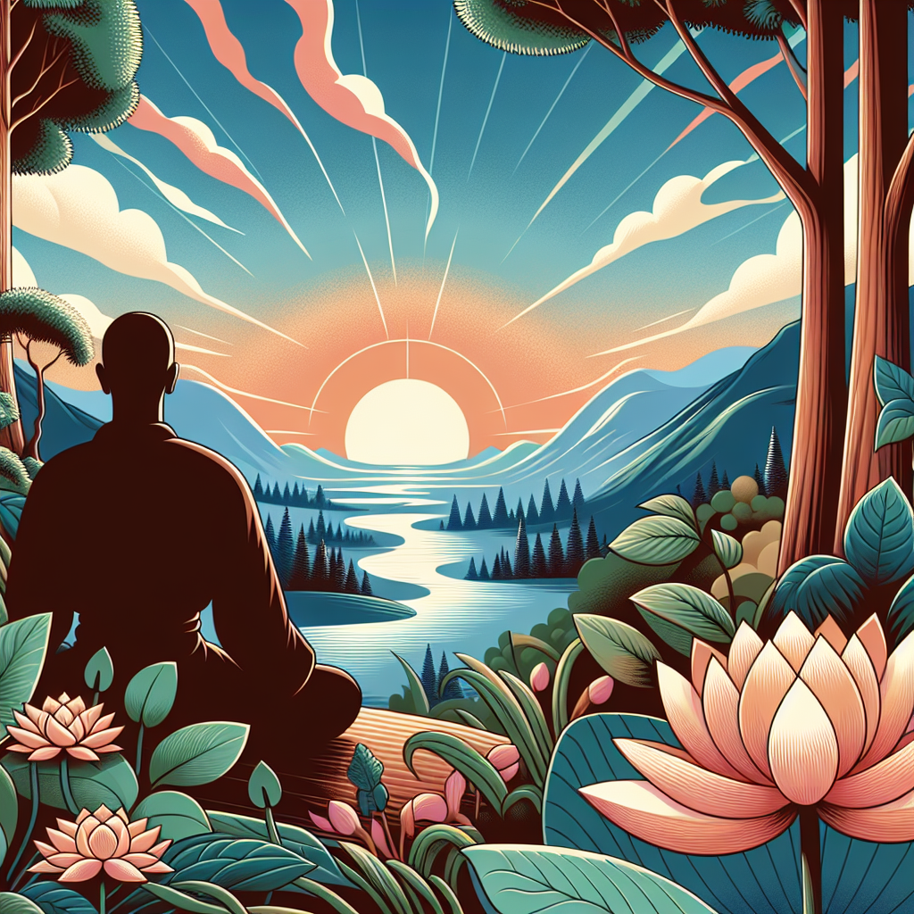 Serene landscape with meditating figure.