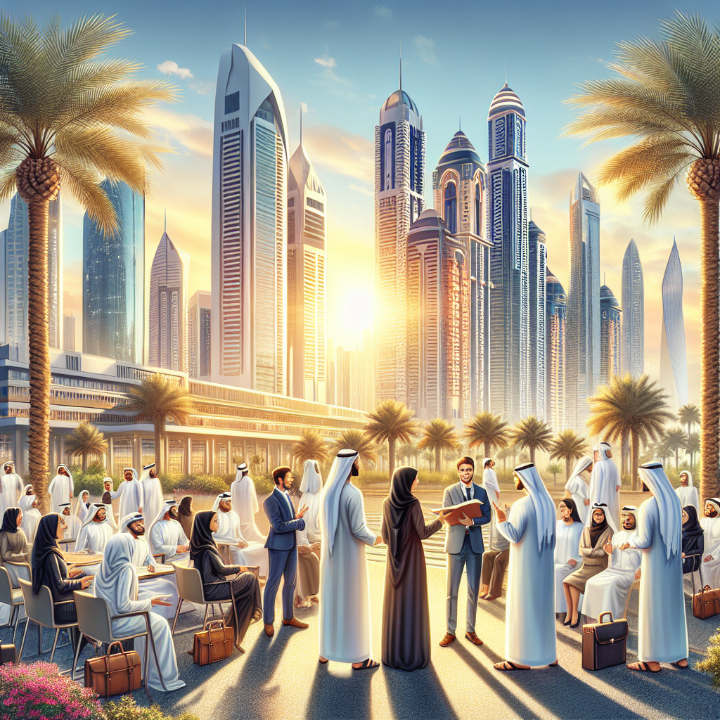Modern city skyline with people.
