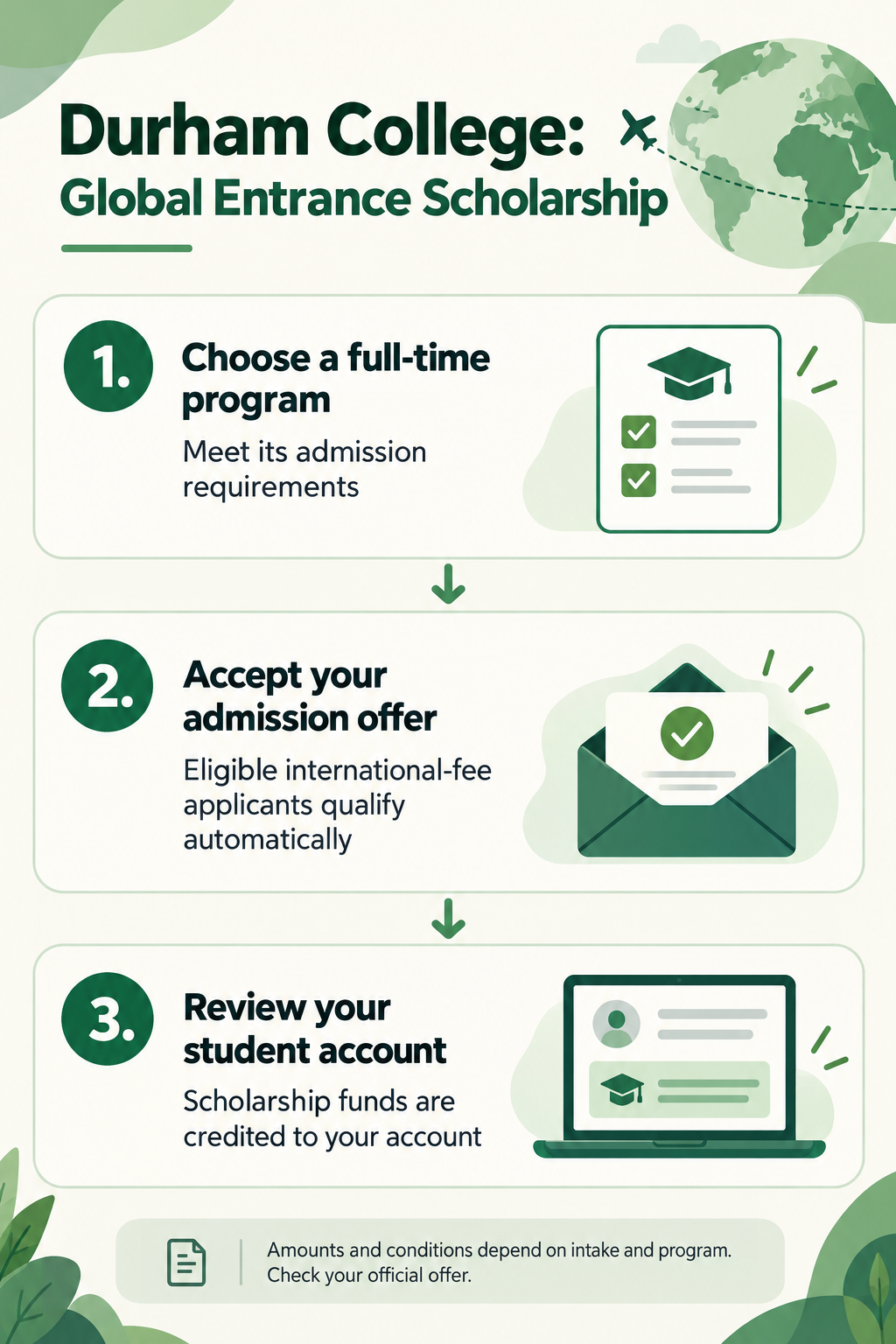 Three steps for the Durham College Global Entrance Scholarship: choose a full-time program, accept the admission offer, and review the student-account credit.
