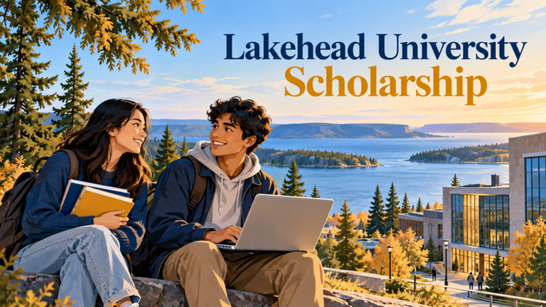 Illustration of international students studying in a lakeside Ontario university setting