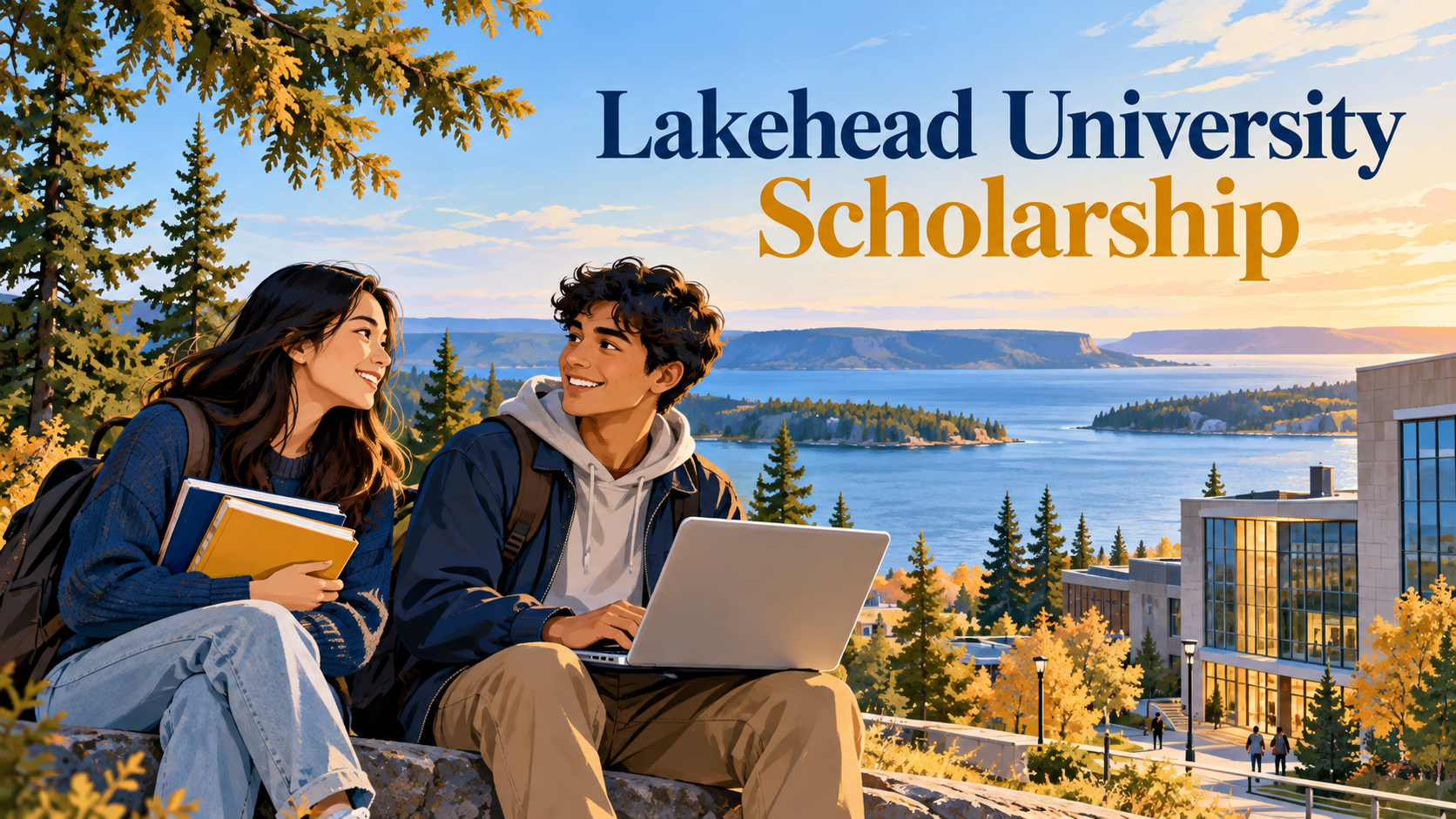 Illustration of international students studying in a lakeside Ontario university setting