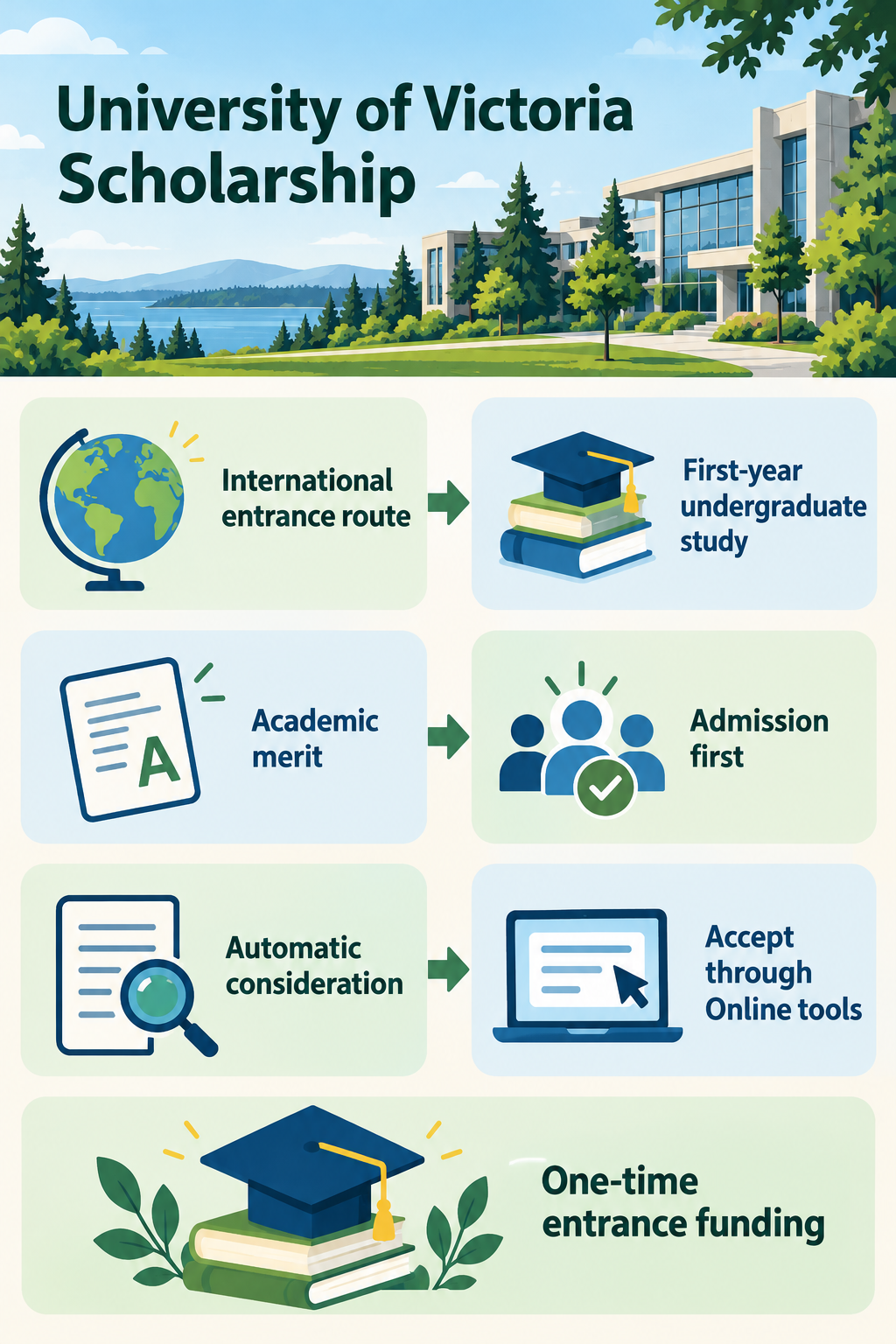 Infographic explaining first-year international undergraduate entrance funding, academic merit, admission, automatic consideration and acceptance through UVic Online tools.