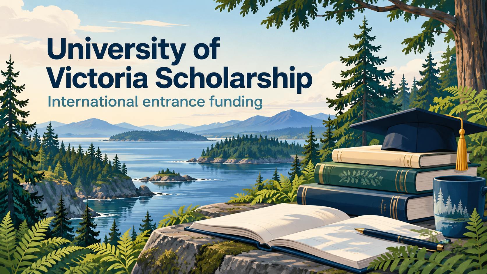 Illustrated Pacific coastal landscape, books and graduation cap introducing University of Victoria international entrance funding.