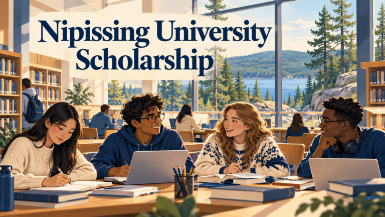 Illustration of international university students studying in a northern Ontario library