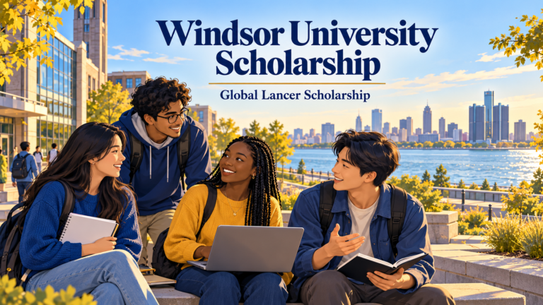 Illustration of international undergraduate students studying in an Ontario university courtyard