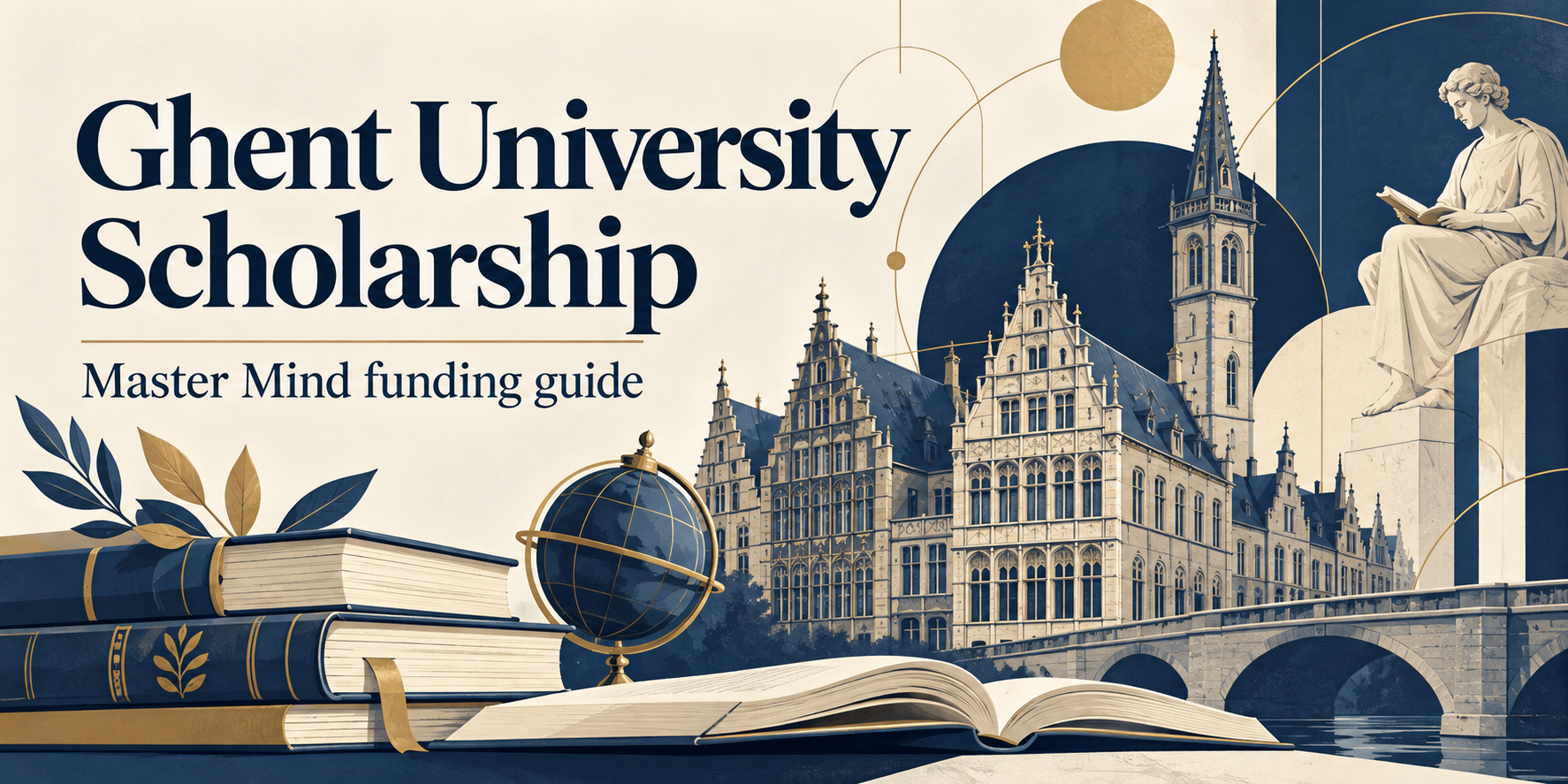 Illustrated Belgian architecture and books introducing the Ghent University Scholarship Master Mind guide.