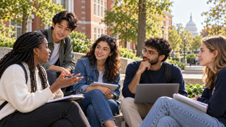 Illustration of international undergraduate students discussing community service on a Washington DC-style campus
