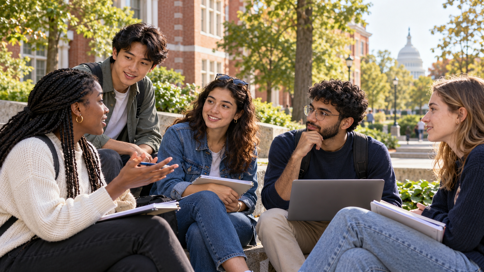Illustration of international undergraduate students discussing community service on a Washington DC-style campus