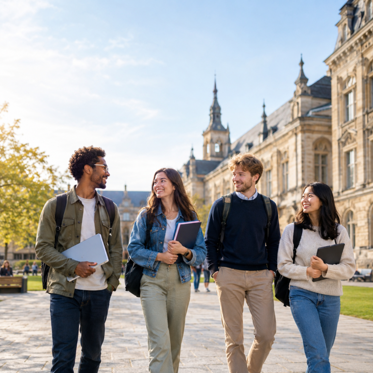 A diverse group of university students walking on a European university campus