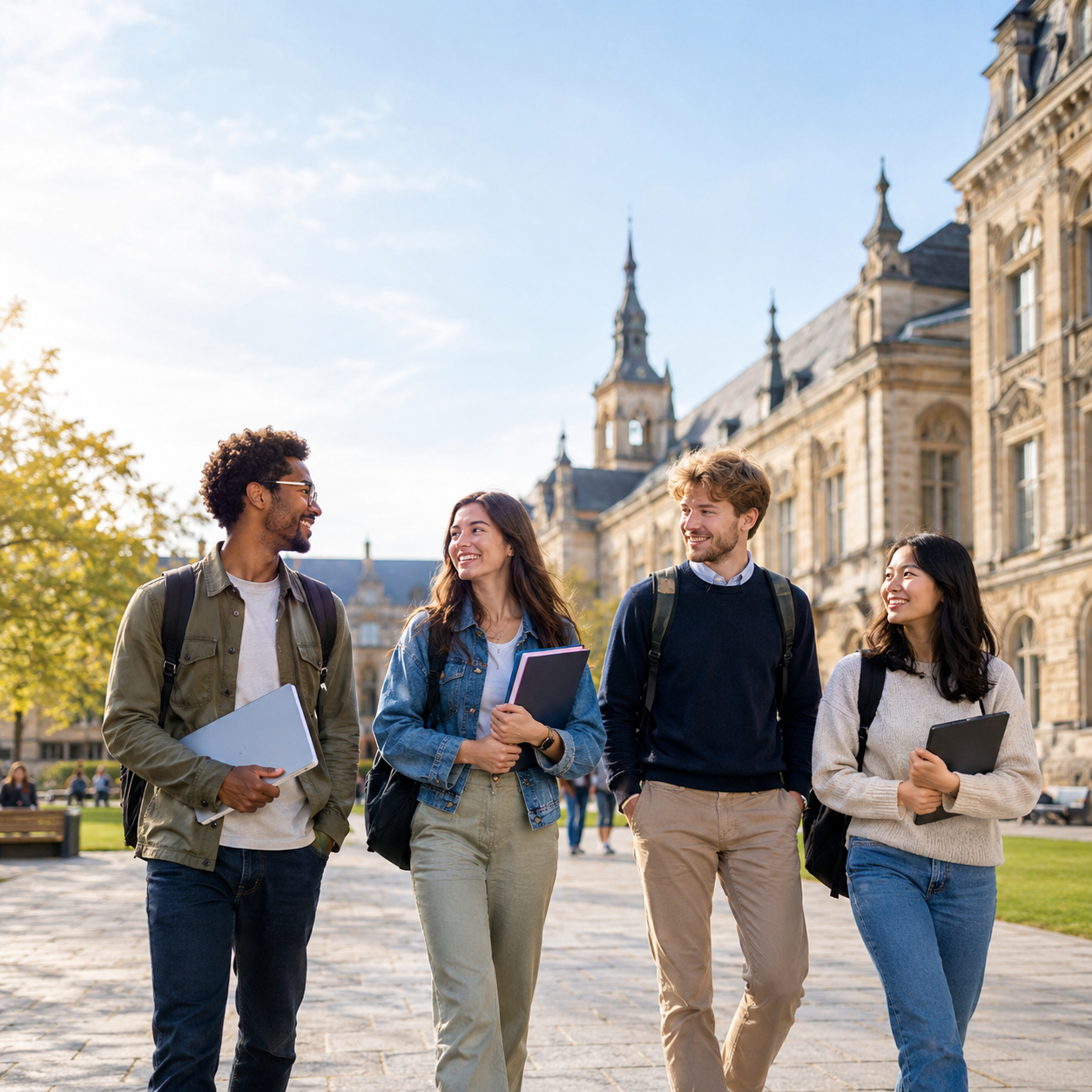 A diverse group of university students walking on a European university campus