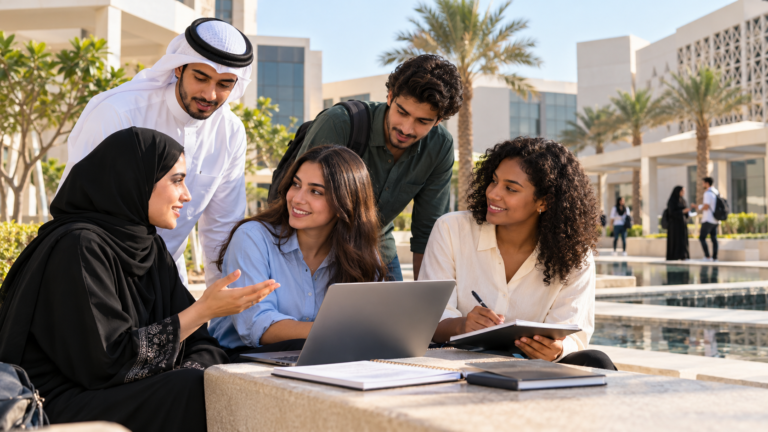 Illustrative university students collaborating in a Gulf-region academic courtyard