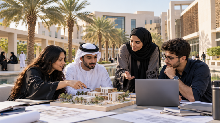 Illustrative Bahrain university students collaborating on an architectural model