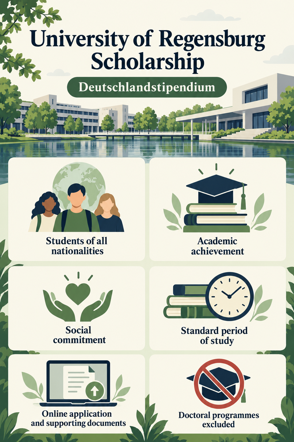 Infographic showing Regensburg Deutschlandstipendium criteria: all nationalities, academic achievement, social commitment, standard study period, online application and exclusion of doctoral programmes.