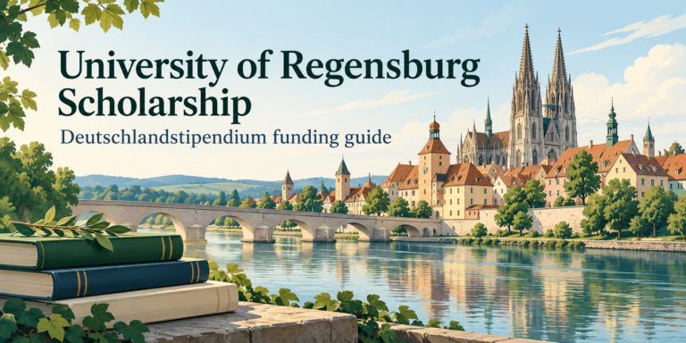 Illustrated Regensburg-inspired cityscape and books introducing the University of Regensburg Deutschlandstipendium funding guide.