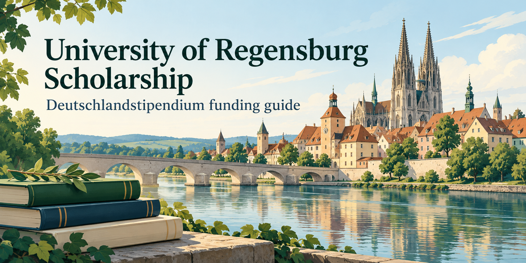 Illustrated Regensburg-inspired cityscape and books introducing the University of Regensburg Deutschlandstipendium funding guide.