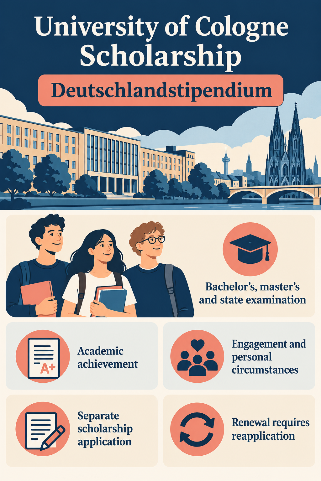 Infographic showing Cologne Deutschlandstipendium eligibility for bachelor's, master's and state-examination study, achievement, engagement, separate application and reapplication for renewal.