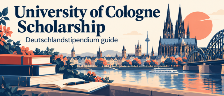 Illustrated Cologne-inspired cityscape and books introducing the University of Cologne Deutschlandstipendium scholarship guide.