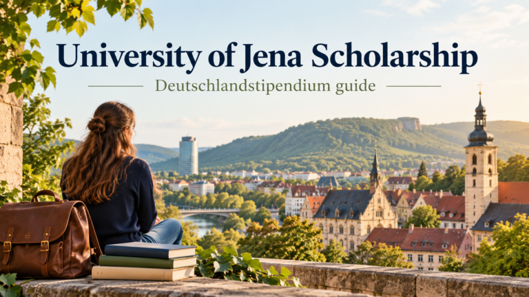 Illustrated Jena-inspired townscape with books and a student introducing the University of Jena Deutschlandstipendium guide.