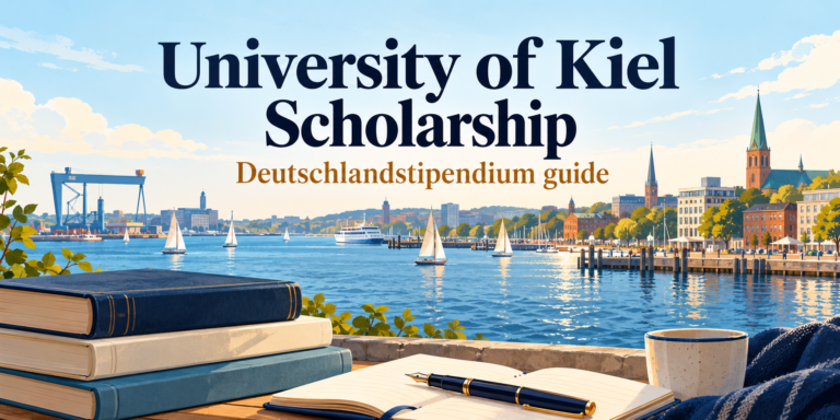 Illustrated Kiel-inspired Baltic harbour with books introducing the University of Kiel Deutschlandstipendium guide.