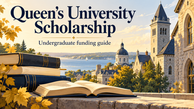 Illustrated books and Kingston-style limestone architecture introducing Queen's University undergraduate scholarship funding.