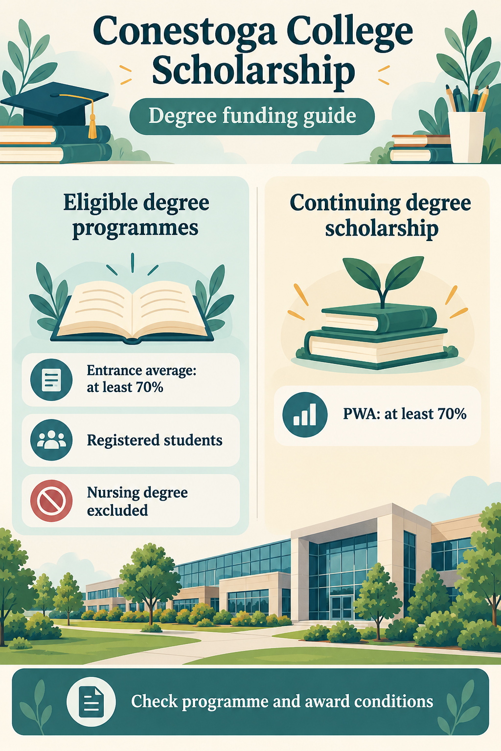 Conestoga degree scholarship infographic showing the 70 percent entrance average, registration requirement, Nursing exclusion and 70 percent PWA for continuing support.