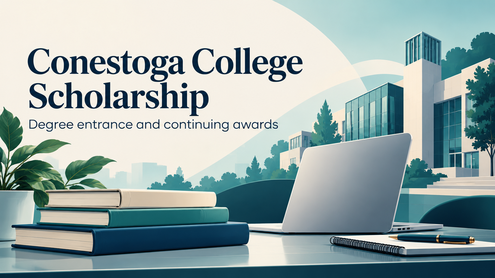 Illustrated laptop, books and modern academic buildings introducing Conestoga degree entrance and continuing scholarships.
