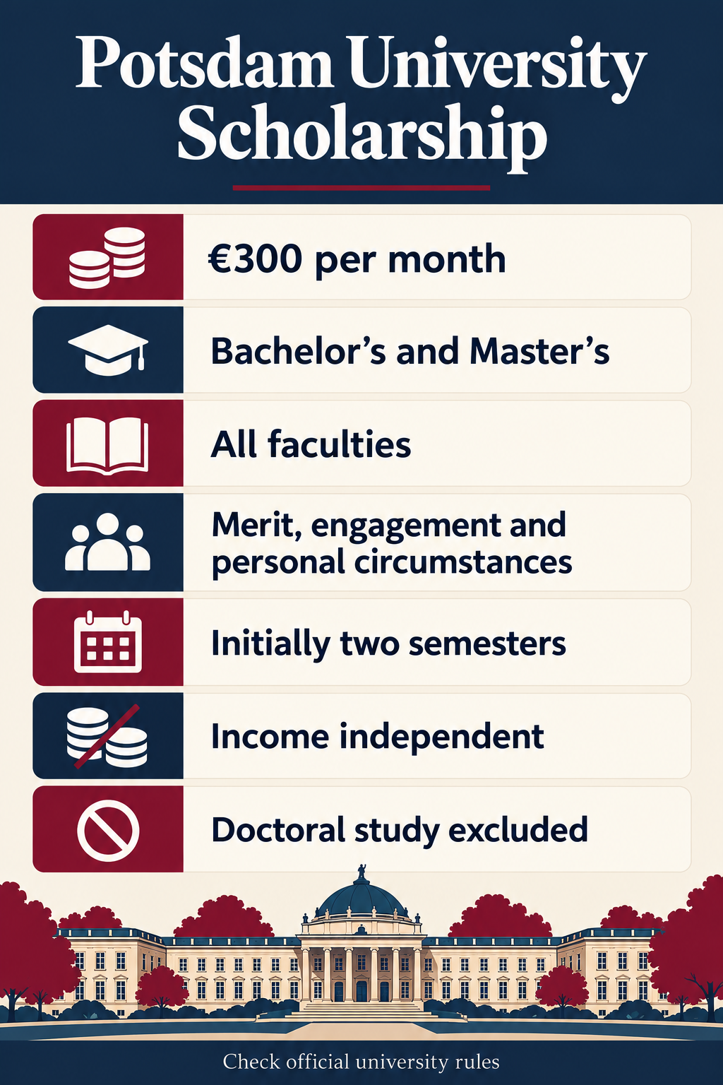 Infographic summarizing verified Potsdam University Scholarship funding, eligibility and duration