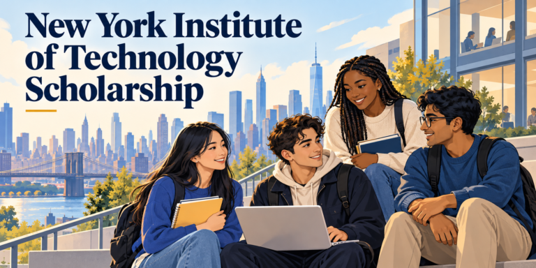 Students and New York skyline illustrating New York Institute of Technology Scholarship