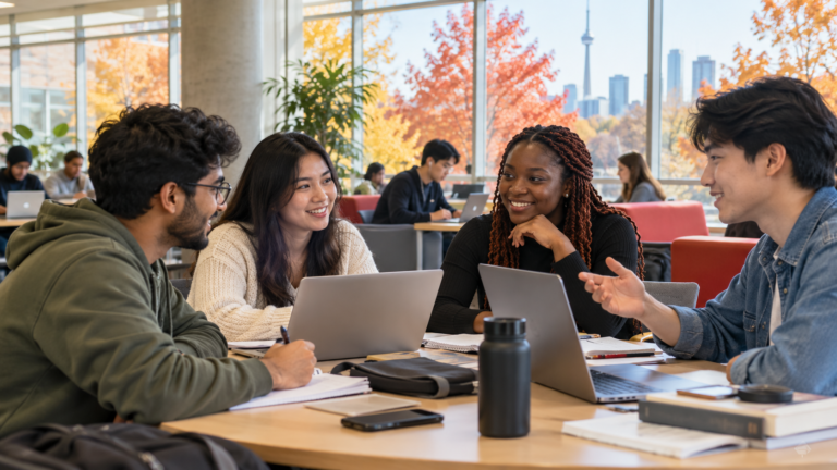 Illustrative international students collaborating in a Canadian polytechnic learning space