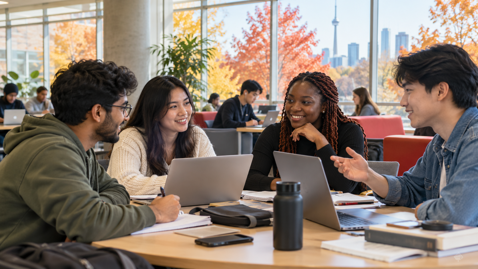 Illustrative international students collaborating in a Canadian polytechnic learning space