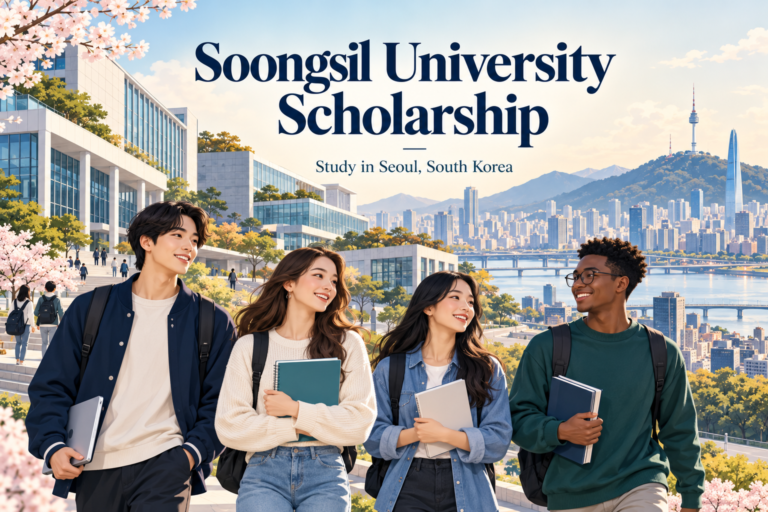 Illustration of international students and a Seoul campus setting for the Soongsil University Scholarship