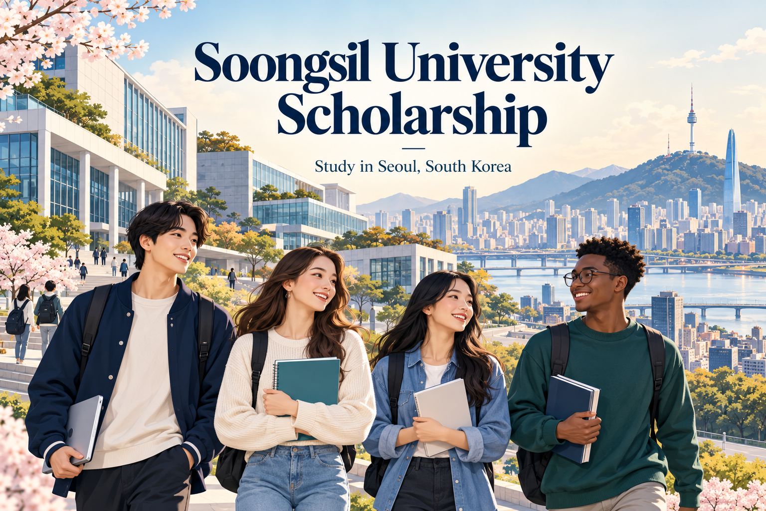 Illustration of international students and a Seoul campus setting for the Soongsil University Scholarship